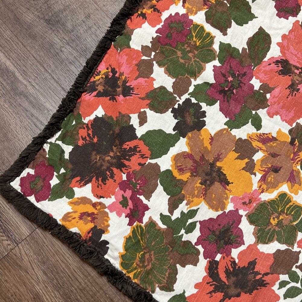 Vintage MCM Pink Brown Floral Linen Tablecloth 50" Square Fringe MCM 60s 70s